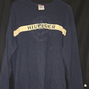 Tommy Hilfiger Mens Navy and Cream Long Sleeve Tee